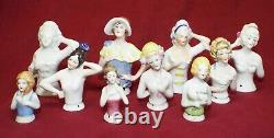 10 Antique ASSORTED Porcelain HALF DOLLS Pin Cushion Dolls Bonnet German Japan