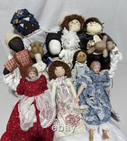 11 Vintage Estate Lot Folk Art Dolls Amish Signed &Little Women Signed Bundle
