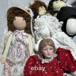 11 Vintage Estate Lot Folk Art Dolls Amish Signed &Little Women Signed Bundle