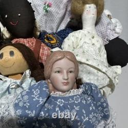 11 Vintage Estate Lot Folk Art Dolls Amish Signed &Little Women Signed Bundle