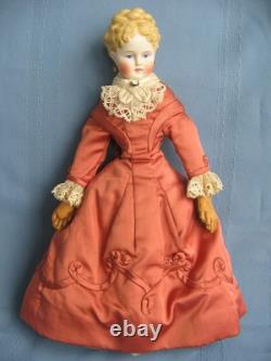 14 Parian Doll, Molded Fancy Blond Hairdo, Lovely Detailed Costume