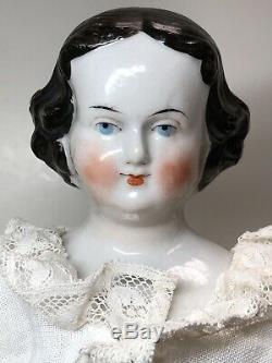 15.5 Antique German Porcelain China Head Doll AW Kister High Brow 1860-70s #A