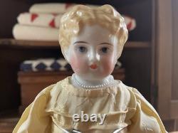 15 Antique China Head Doll Blond Highly Molded Hair #184 Wooden Arms Slippers