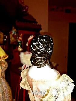 17-18 Rare Early China Head Doll With Very Unusual Hair Do Leather Early Body