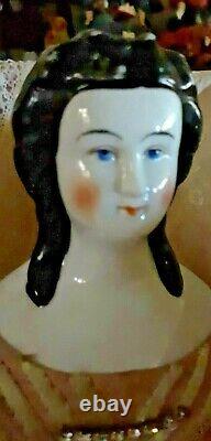 17-18 Rare Early China Head Doll With Very Unusual Hair Do Leather Early Body