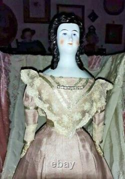 17-18 Rare Early China Head Doll With Very Unusual Hair Do Leather Early Body