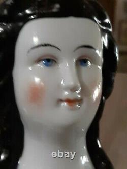 17-18 Rare Early China Head Doll With Very Unusual Hair Do Leather Early Body