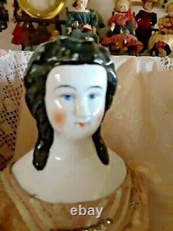 17-18 Rare Early China Head Doll With Very Unusual Hair Do Leather Early Body