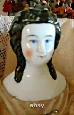 17-18 Rare Early China Head Doll With Very Unusual Hair Do Leather Early Body