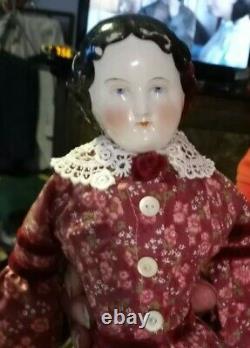 18 Antique 1860s Hi Brow China Head Doll In Pro-Tailored Maroon Floral. 8