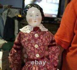 18 Antique 1860s Hi Brow China Head Doll In Pro-Tailored Maroon Floral. 8