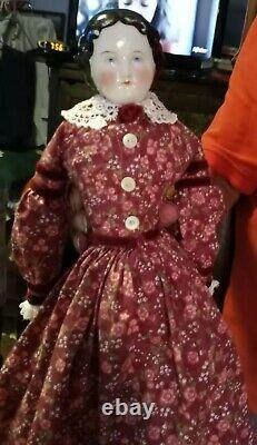 18 Antique 1860s Hi Brow China Head Doll In Pro-Tailored Maroon Floral. 8