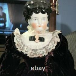 18 Hertwig Black Haired China Head Doll In Velvet Dress 14