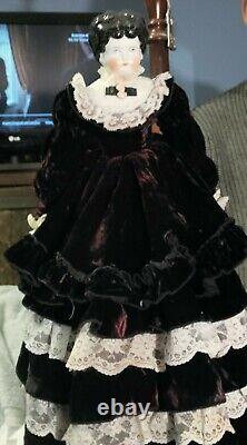 18 Hertwig Black Haired China Head Doll In Velvet Dress 14