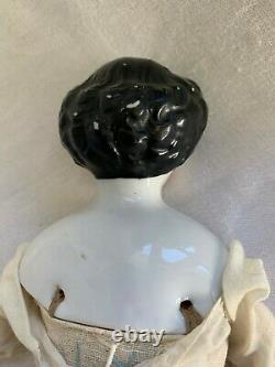 1860 1870 Porcelain Head Doll Cloth Body Black Hair Blue Eye Beauty Antique Pink