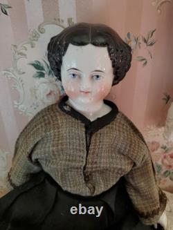 19 CIVIL WAR 1860s China Head Doll Center Part High Brow, Nicely Dressed