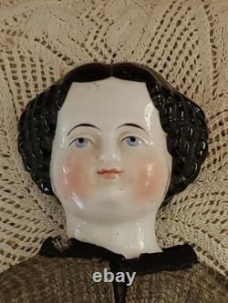 19 CIVIL WAR 1860s China Head Doll Center Part High Brow, Nicely Dressed
