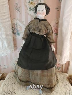 19 CIVIL WAR 1860s China Head Doll Center Part High Brow, Nicely Dressed