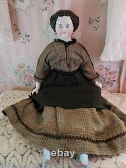 19 CIVIL WAR 1860s China Head Doll Center Part High Brow, Nicely Dressed