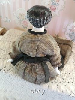 19 CIVIL WAR 1860s China Head Doll Center Part High Brow, Nicely Dressed