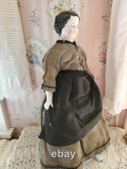 19 CIVIL WAR 1860s China Head Doll Center Part High Brow, Nicely Dressed