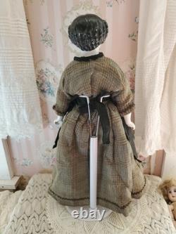 19 CIVIL WAR 1860s China Head Doll Center Part High Brow, Nicely Dressed