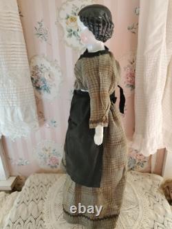 19 CIVIL WAR 1860s China Head Doll Center Part High Brow, Nicely Dressed