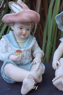 1o2 LG Vintage Bisque Porcelain Baby Piano figurine boy Doll German handpainted