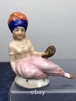 2.5 Antique German Bisque Half 1/2 Doll Laying Indian Turban With Mirror #CC