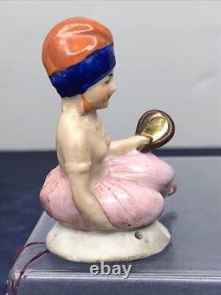 2.5 Antique German Bisque Half 1/2 Doll Laying Indian Turban With Mirror #CC