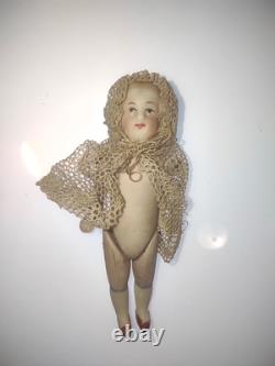 2 Antique German Limbach Jointed All-Bisque Porcelain Mini Dollhouse Dolls