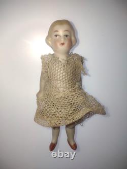 2 Antique German Limbach Jointed All-Bisque Porcelain Mini Dollhouse Dolls