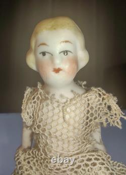 2 Antique German Limbach Jointed All-Bisque Porcelain Mini Dollhouse Dolls