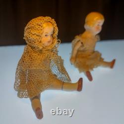 2 Antique German Limbach Jointed All-Bisque Porcelain Mini Dollhouse Dolls