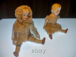 2 Antique German Limbach Jointed All-Bisque Porcelain Mini Dollhouse Dolls