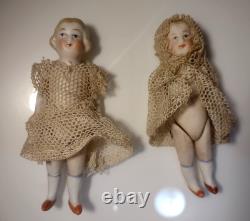 2 Antique German Limbach Jointed All-Bisque Porcelain Mini Dollhouse Dolls