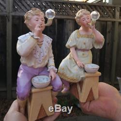 2 Gebruder Heubach Bisque porcelain Piano Baby doll Figurine Vintage bubble blow