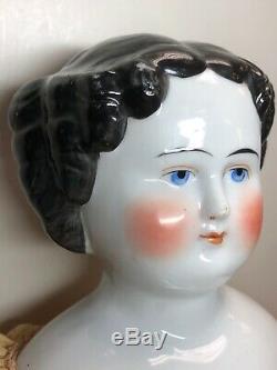 27 Antique Porcelain German Made China Head Doll Black Hair & Bisque Hands #L