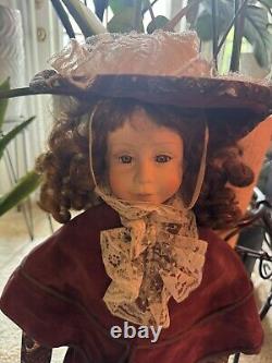 27 Vintage Porcelain Brunette Doll in Red Velvet Dress And Hat