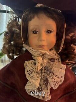 27 Vintage Porcelain Brunette Doll in Red Velvet Dress And Hat