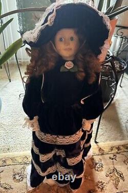 27 Vintage Porcelain Doll in Blue Velvet Dress And Hat & Lace details