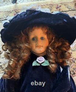 27 Vintage Porcelain Doll in Blue Velvet Dress And Hat & Lace details