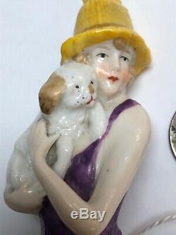 3.75 Antique German Porcelain Half 1/2 Doll Holding Puppy Dog #14940 Purple #S