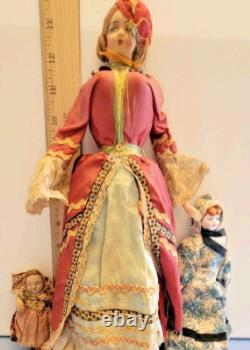 3 OLD Cloth Composition Porcelain Dolls 13 1/2 8 4 Russian Peasant Boudoir