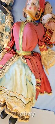 3 OLD Cloth Composition Porcelain Dolls 13 1/2 8 4 Russian Peasant Boudoir