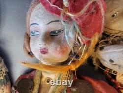 3 OLD Cloth Composition Porcelain Dolls 13 1/2 8 4 Russian Peasant Boudoir