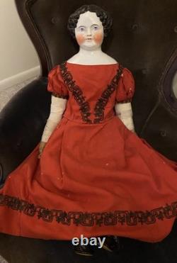 32 Antique Civil War 1860's China Head Doll With Stargazer Eyes Original Body