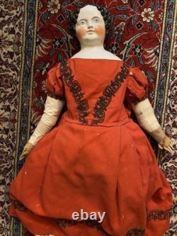 32 Antique Civil War 1860's China Head Doll With Stargazer Eyes Original Body