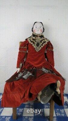 36 Antique Large Porcelain Victorian Doll Black Hair Blue Eyes Linen Petticoats