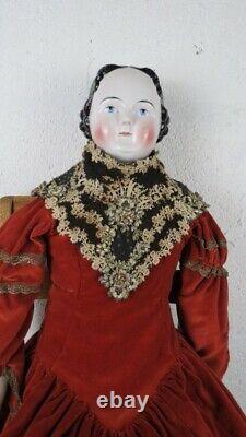 36 Antique Large Porcelain Victorian Doll Black Hair Blue Eyes Linen Petticoats